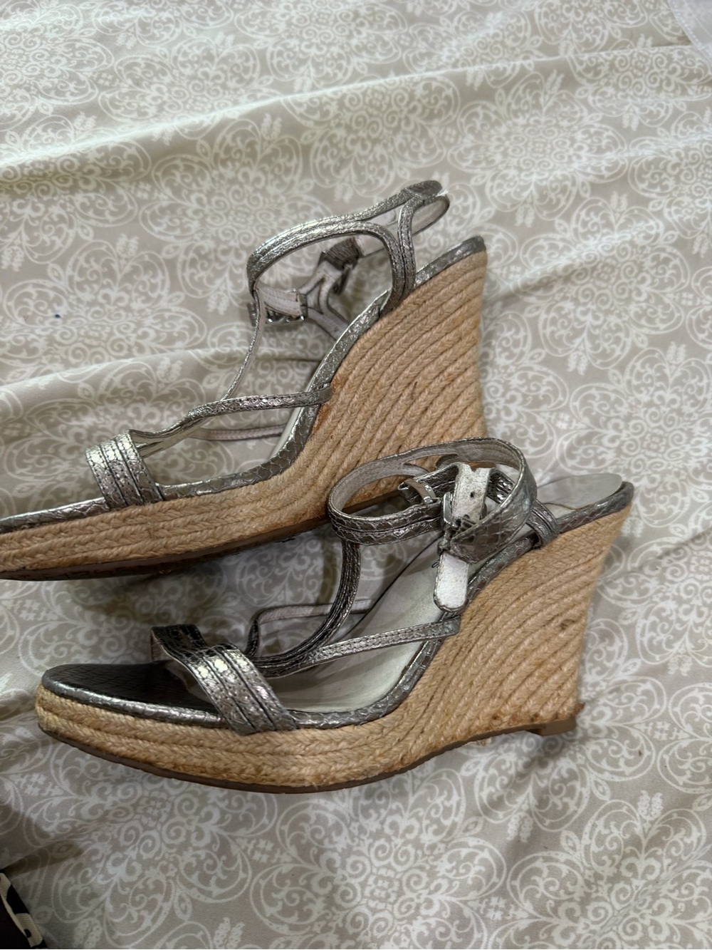 Michael Kors Silver Metallic Espadrille Wedge Sandals